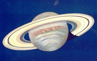 Saturne, aquarelle de l'abbé Moreux reproduisant le dessin de Trouvelot reproduction de l'abbé Moreux
