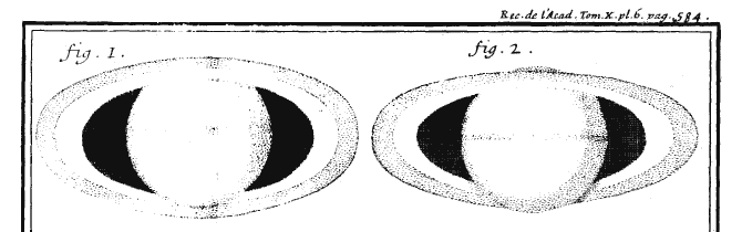 les dessins de Saturne par Cassini reroduits dans une gravure du tome X des Mémoires de l'académie royale des Sciences dessin des mémoires de l'académie